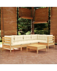 Salon de jardin 6 pcs avec coussins crème bois de pin | Mobilier & Déco