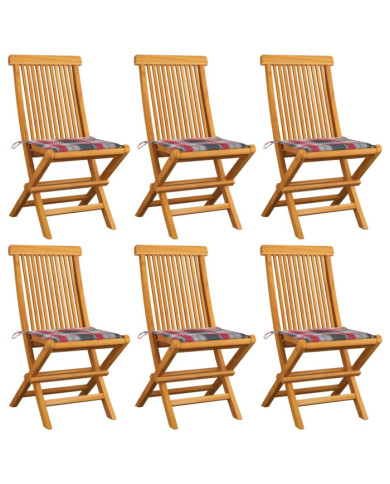 Chaises de jardin et coussins à carreaux rouge lot de 6 Teck | Mobilier & Déco