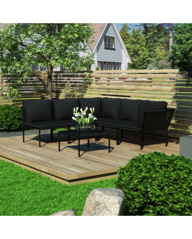Salon de jardin 6 pcs avec coussins Noir PVC | Mobilier & Déco
