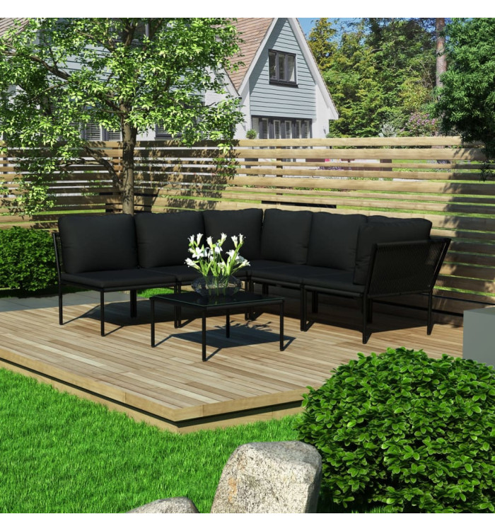 Salon de jardin 6 pcs avec coussins Noir PVC | Mobilier & Déco