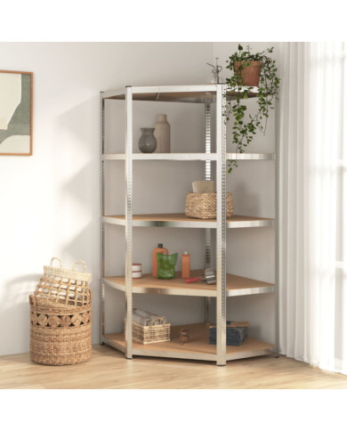 Étagère d'angle à 5 niveaux Argenté Acier et bois d'ingénierie | Mobilier & Déco
