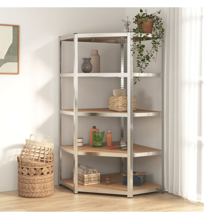 Étagère d'angle à 5 niveaux Argenté Acier et bois d'ingénierie | Mobilier & Déco