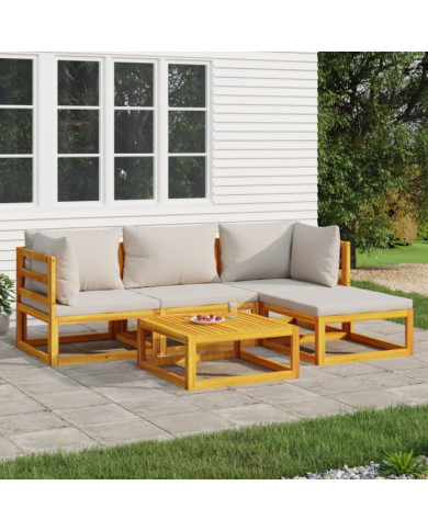 Salon de jardin 5 pcs avec coussins gris clair bois massif | Mobilier & Déco