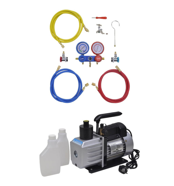 Pompe à vide 50 L/min avec manomètre à 2 voies en kit d'outils | Mobilier & Déco
