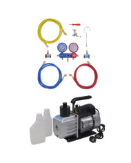 Pompe à vide 50 L/min avec manomètre à 2 voies en kit d'outils | Mobilier & Déco
