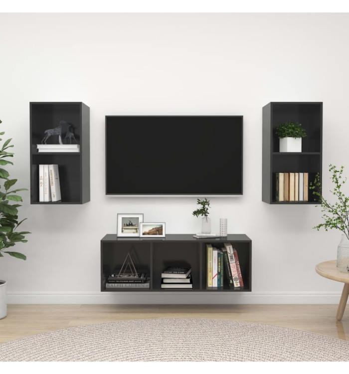 Ensemble de meubles TV 3 pcs Gris brillant Bois d'ingénierie | Mobilier & Déco