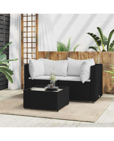 Salon de jardin 3 pcs avec coussins Noir Résine tressée | Mobilier & Déco