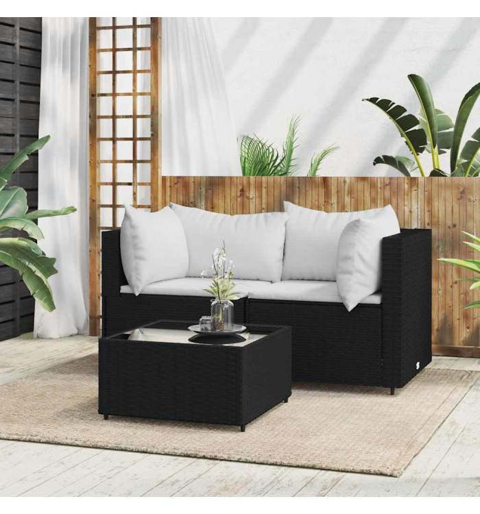 Salon de jardin 3 pcs avec coussins Noir Résine tressée | Mobilier & Déco