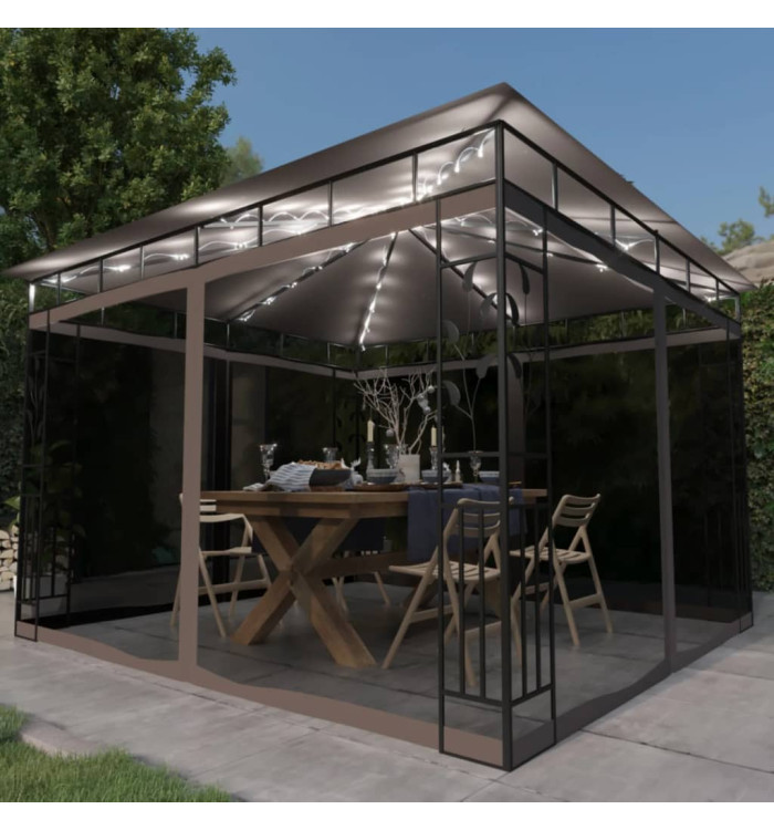 Tonnelle avec moustiquaire et lumières Led 3x3x2,73 m Taupe | Mobilier & Déco