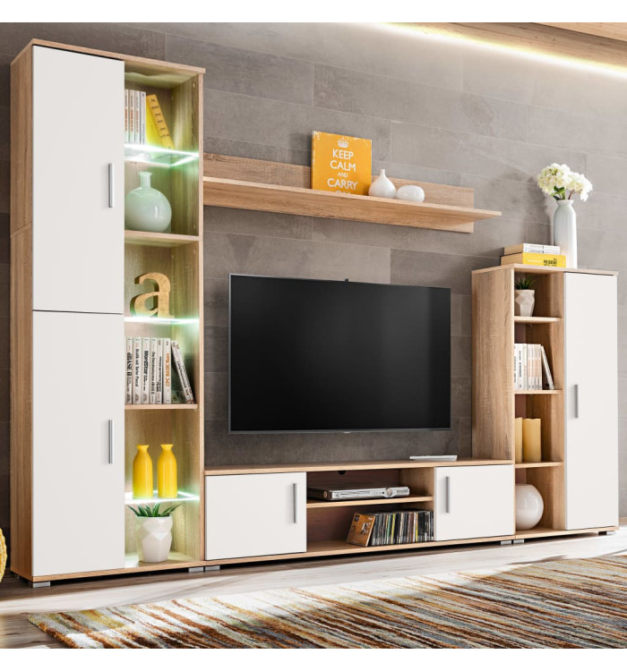 Meuble TV mural avec lumière LED Chêne sonoma et blanc | Mobilier & Déco
