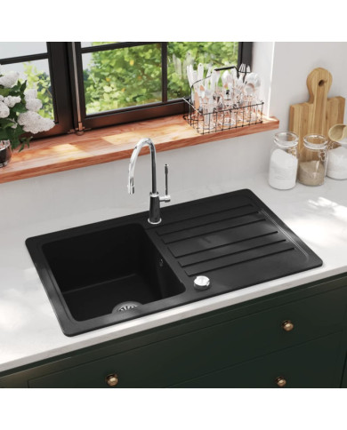 Évier de cuisine en granite avec égouttoir réversible Noir | Mobilier & Déco