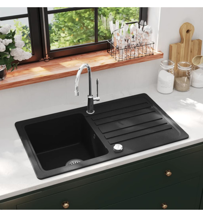 Évier de cuisine en granite avec égouttoir réversible Noir | Mobilier & Déco