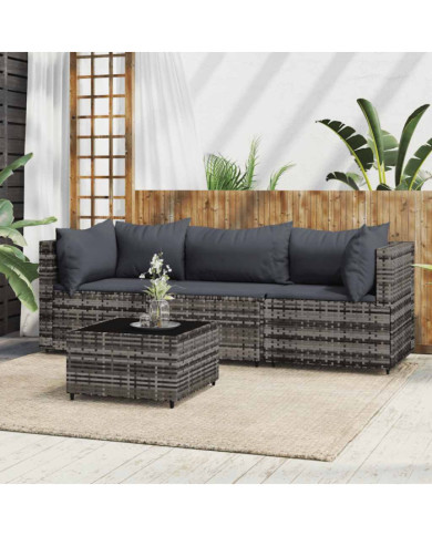 Salon de jardin 4 pcs avec coussins Gris Résine tressée | Mobilier & Déco