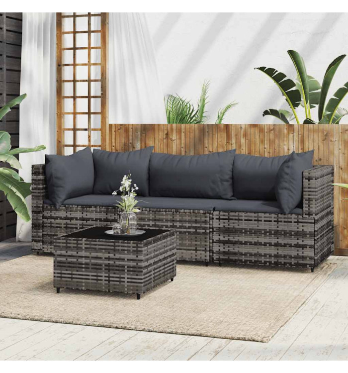Salon de jardin 4 pcs avec coussins Gris Résine tressée | Mobilier & Déco
