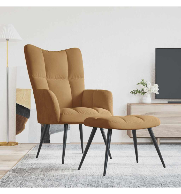 Chaise de relaxation avec tabouret Marron Velours | Mobilier & Déco
