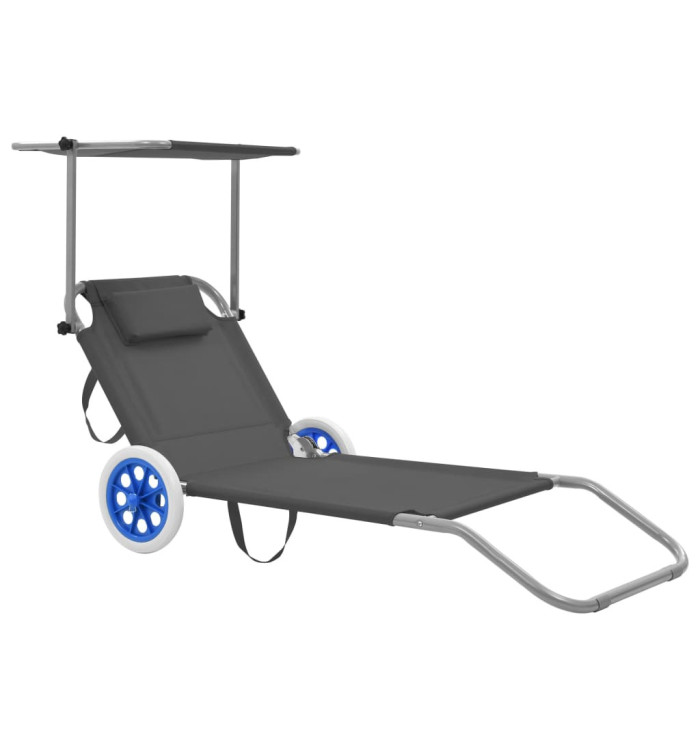Chaise longue pliable avec auvent et roues Acier Gris | Mobilier & Déco