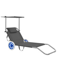 Chaise longue pliable avec auvent et roues Acier Gris | Mobilier & Déco