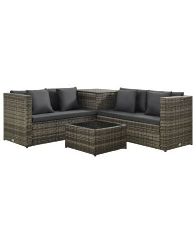 Salon de jardin 4 pcs avec coussins résine tressée gris | Mobilier & Déco
