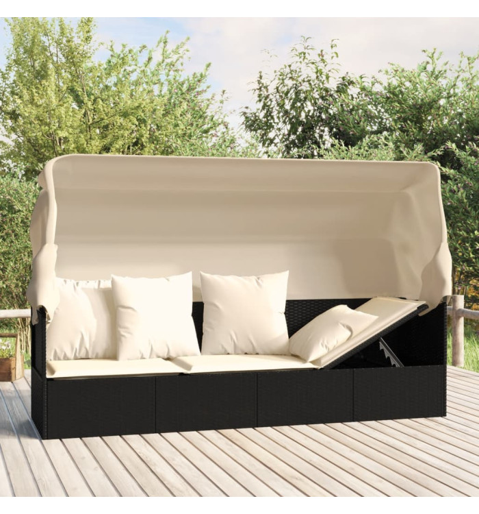 Lit de salon d'extérieur toit et coussins Noir Résine tressée | Mobilier & Déco