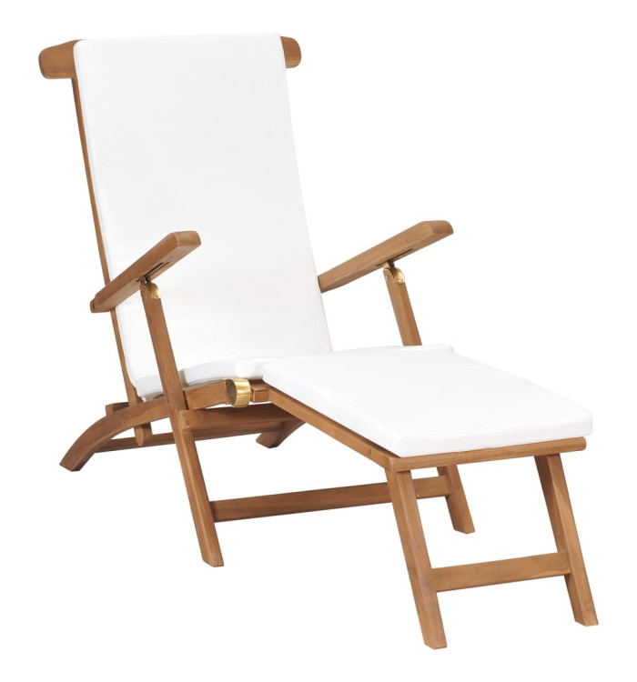 Chaise longue avec coussin Blanc crème Bois de teck solide | Mobilier & Déco