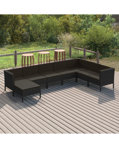Salon de jardin 8 pcs avec coussins résine tressée noir | Mobilier & Déco
