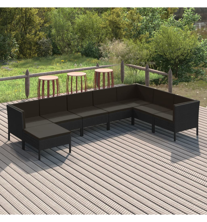 Salon de jardin 8 pcs avec coussins résine tressée noir | Mobilier & Déco