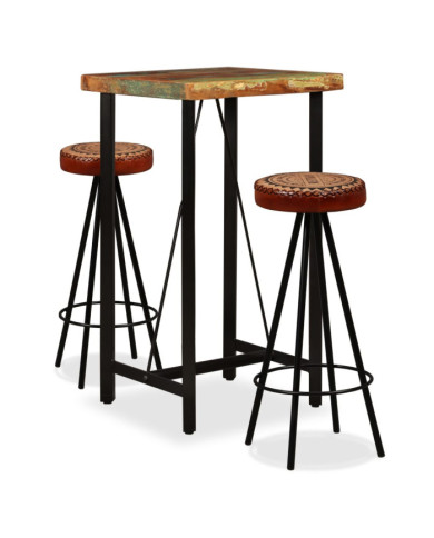 Ensemble de bar 3 pcs Bois de récupération Cuir véritable et toile | Mobilier & Déco