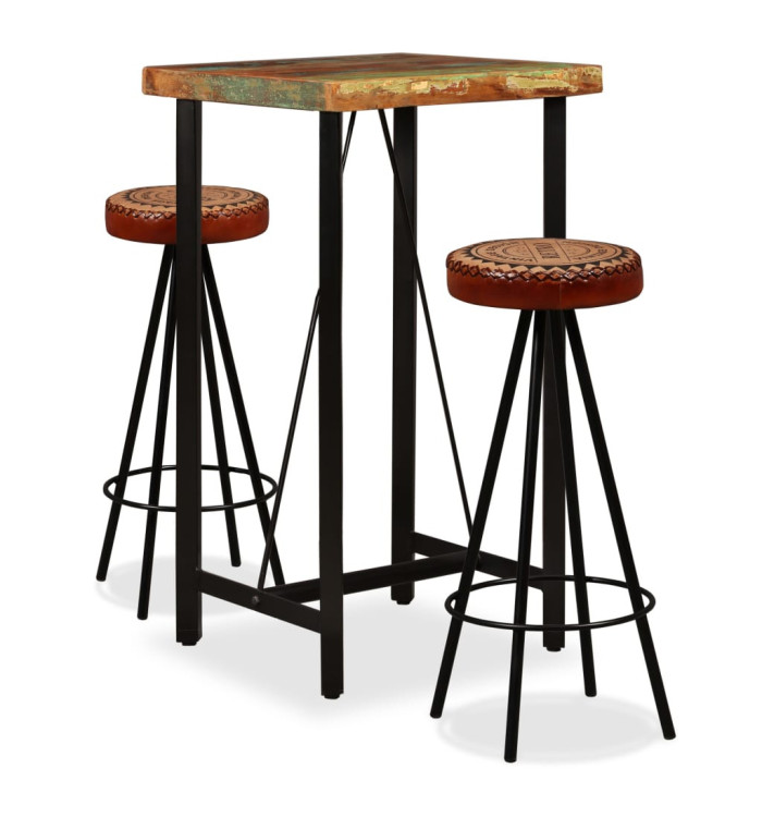 Ensemble de bar 3 pcs Bois de récupération Cuir véritable et toile | Mobilier & Déco