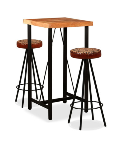 Ensemble de bar 3 pcs Bois d'acacia Cuir véritable et toile | Mobilier & Déco