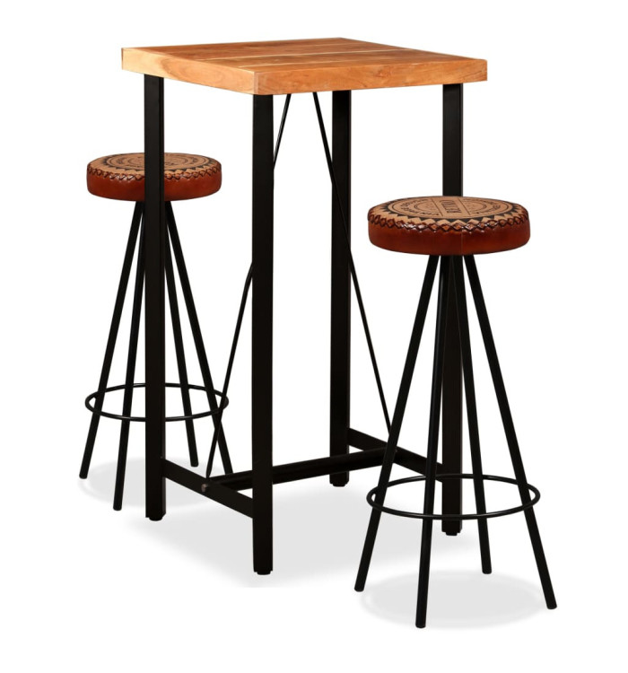 Ensemble de bar 3 pcs Bois d'acacia Cuir véritable et toile | Mobilier & Déco