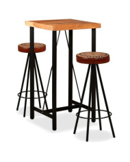 Ensemble de bar 3 pcs Bois d'acacia Cuir véritable et toile | Mobilier & Déco