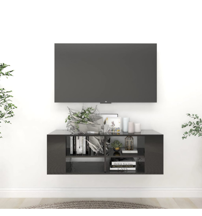 Meuble TV mural Noir brillant 102x35x35 cm Bois d’ingénierie | Mobilier & Déco