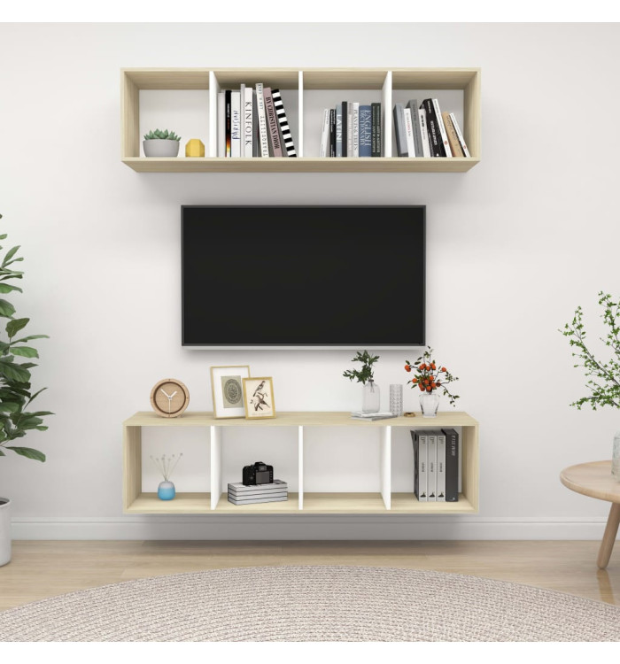Meubles TV muraux 2 pcs Blanc et chêne sonoma Bois d'ingénierie | Mobilier & Déco