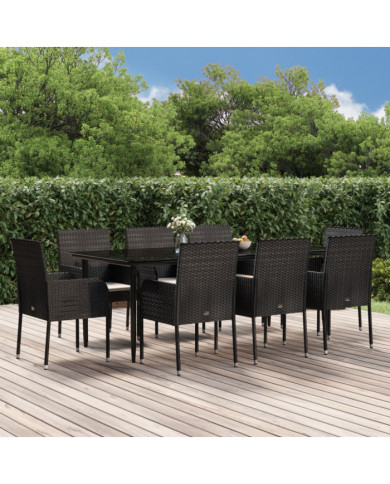 Ensemble à manger jardin 9pcs et coussins noir résine tressée | Mobilier & Déco