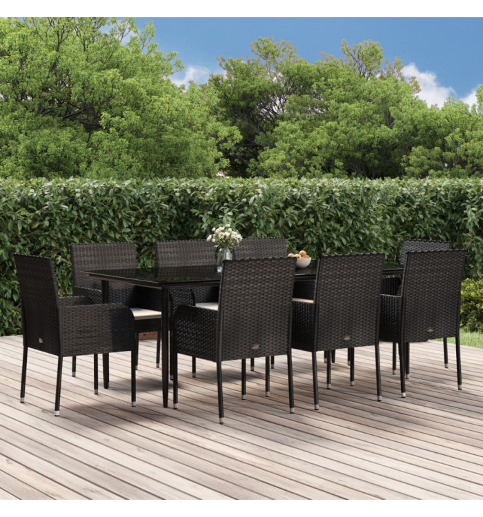 Ensemble à manger jardin 9pcs et coussins noir résine tressée | Mobilier & Déco