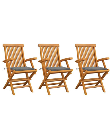 Chaises de jardin avec coussins gris lot de 3 Bois teck massif | Mobilier & Déco