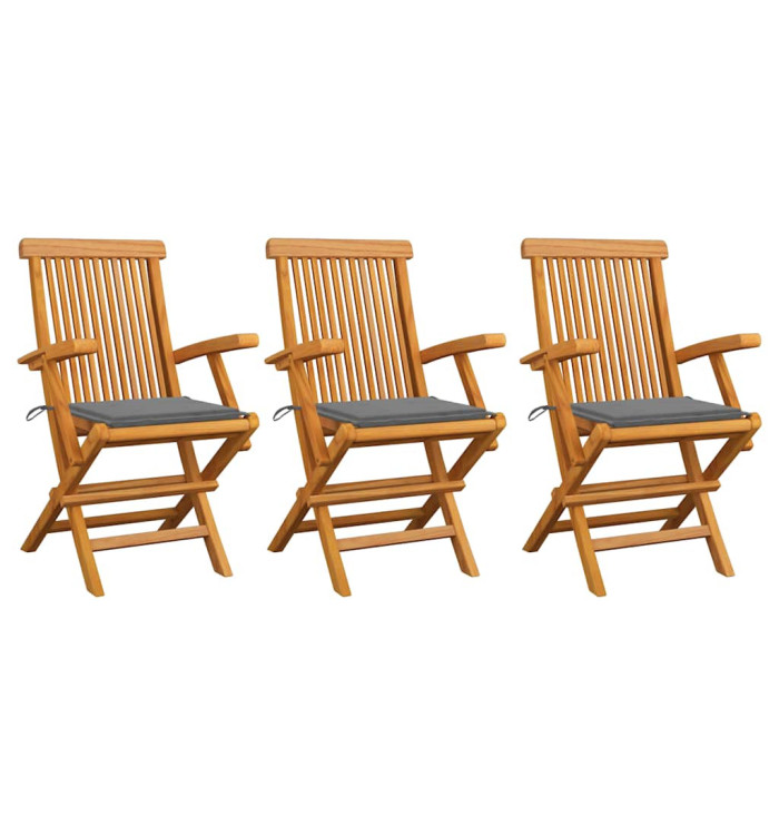Chaises de jardin avec coussins gris lot de 3 Bois teck massif | Mobilier & Déco