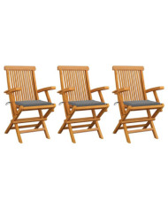 Chaises de jardin avec coussins gris lot de 3 Bois teck massif | Mobilier & Déco