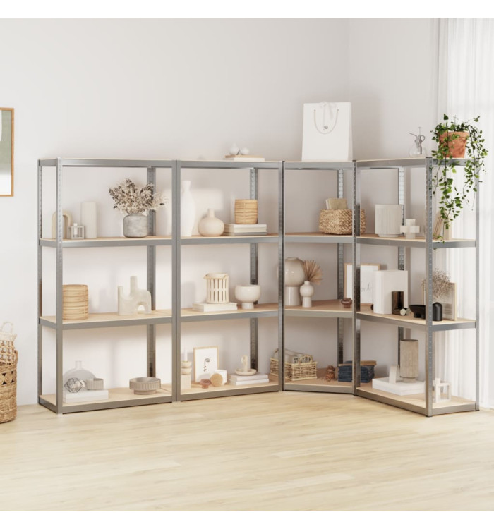 Étagères à 4 niveaux 4 pcs Argenté Acier et bois d'ingénierie | Mobilier & Déco