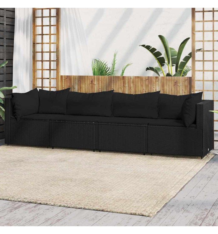 Salon de jardin 4 pcs avec coussins Noir Résine tressée | Mobilier & Déco