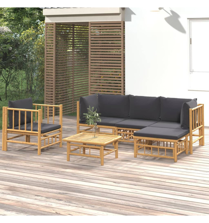 Salon de jardin 6 pcs avec coussins gris foncé bambou | Mobilier & Déco