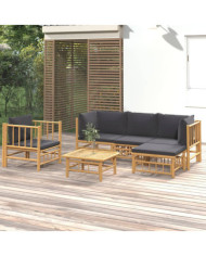Salon de jardin 6 pcs avec coussins gris foncé bambou | Mobilier & Déco