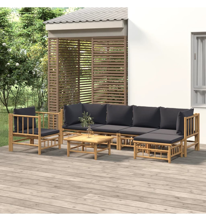 Salon de jardin 7 pcs avec coussins gris foncé bambou | Mobilier & Déco