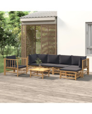 Salon de jardin 7 pcs avec coussins gris foncé bambou | Mobilier & Déco