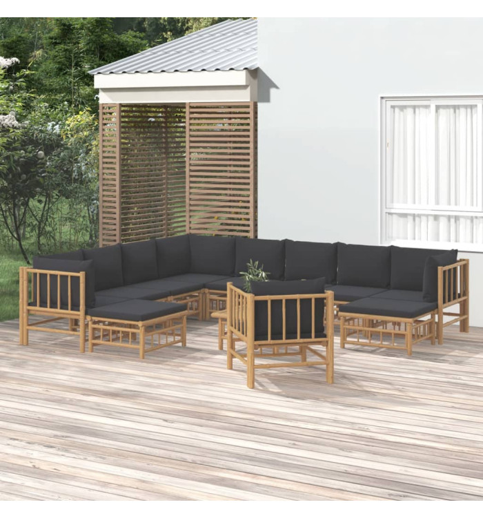 Salon de jardin 12 pcs avec coussins gris foncé bambou | Mobilier & Déco