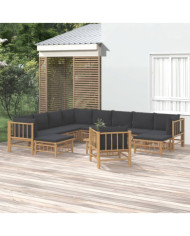 Salon de jardin 12 pcs avec coussins gris foncé bambou | Mobilier & Déco
