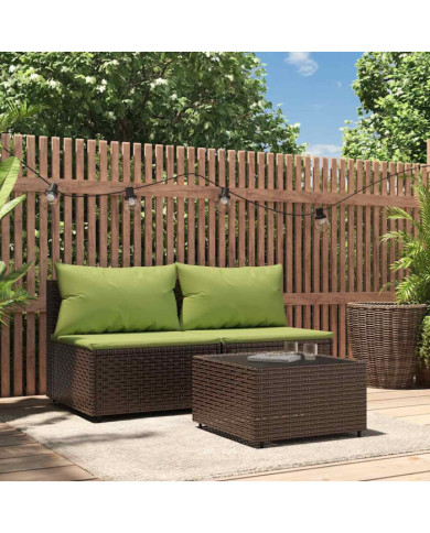 Salon de jardin 3 pcs avec coussins marron résine tressée | Mobilier & Déco