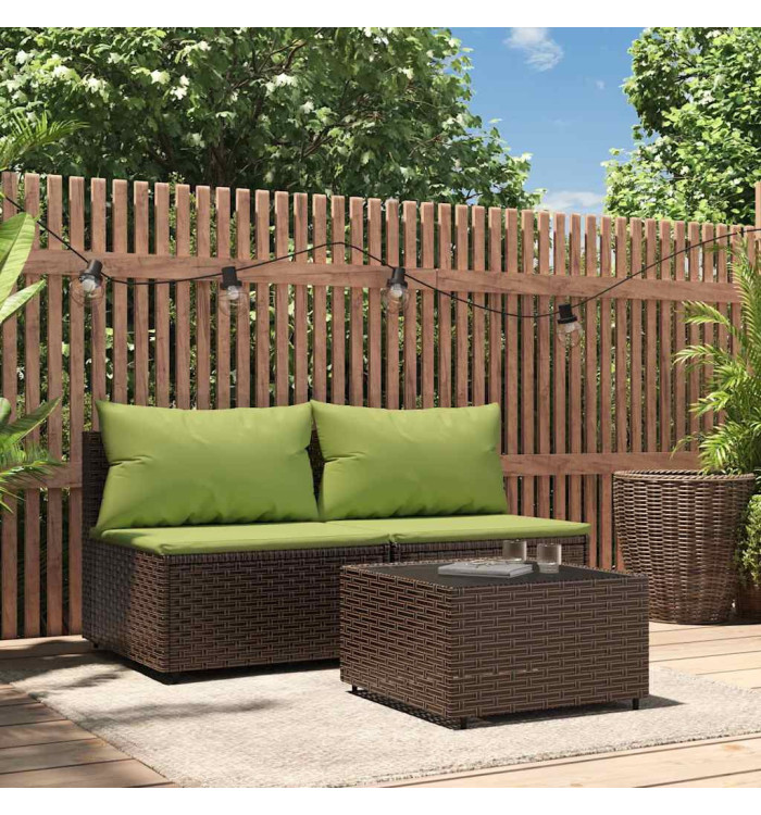 Salon de jardin 3 pcs avec coussins marron résine tressée | Mobilier & Déco