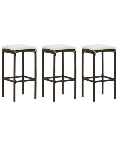Tabourets de bar avec coussins lot de 3 marron résine tressée | Mobilier & Déco