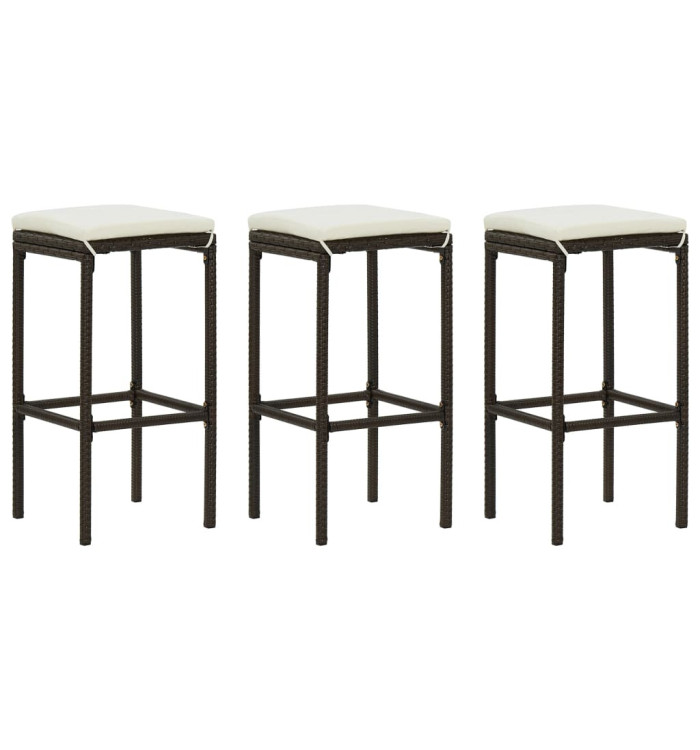 Tabourets de bar avec coussins lot de 3 marron résine tressée | Mobilier & Déco